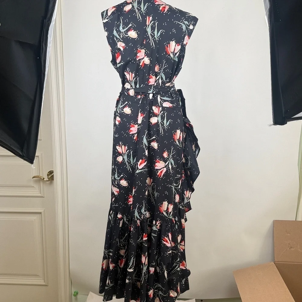 Rebecca Taylor Ikat Tulip Wrap Dress Tie Waist Black Floral Poplin Ruffles Sz 12